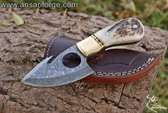 Damascus steel Fixed Blade Gut Hook Knife,Full Tang Field Processing Knife - Stag Antler Handle, Leather Sheath Included, for Skinning, Hunting, Outdoors