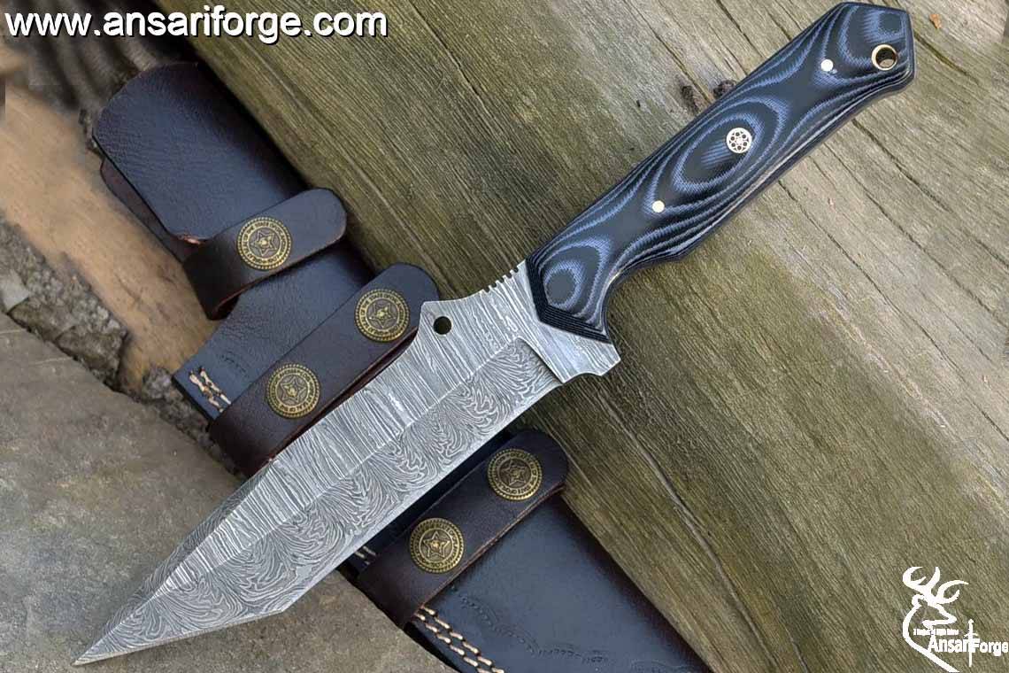 Handmade Damascus Steel Hunting Knife Tanto Knife With Leather Sheath