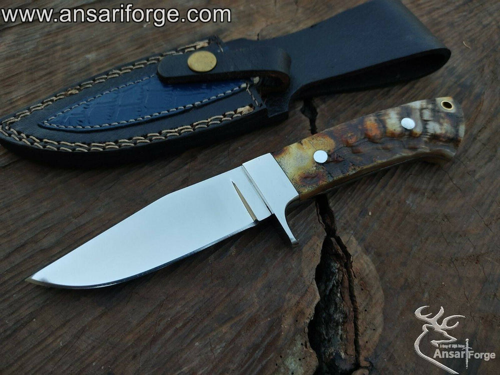 Hunting Knife With Sheath 440c Steel And Ram Horn Handle