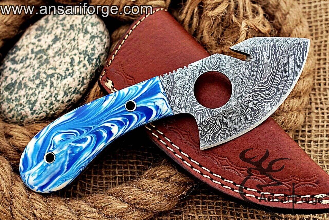 Damascus Gut Hook Knife with Leather Sheath - Secure and convenient carrying for easy access in the field.