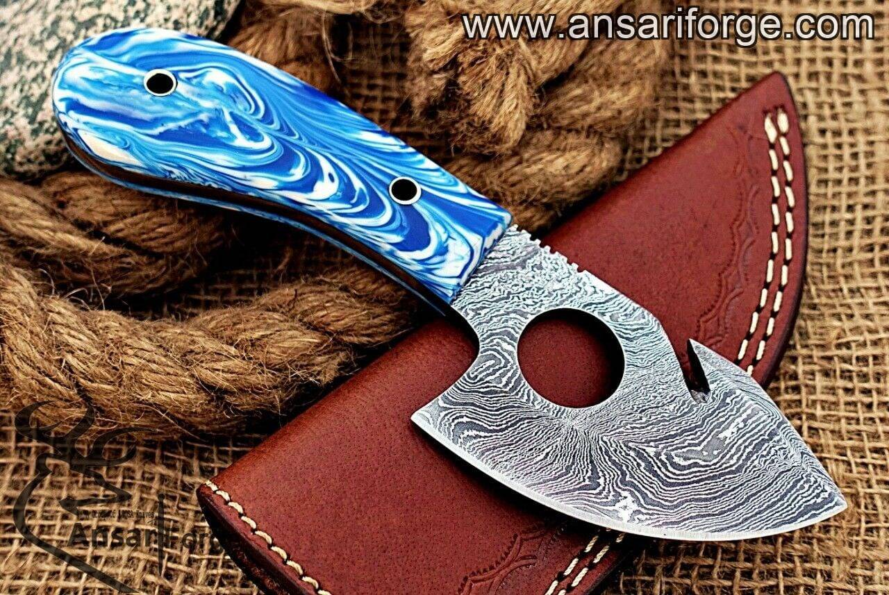 Sharp Damascus Gut Hook Knife Blade - 3-inch, 58 HRC blade for precise and clean deer skinning.