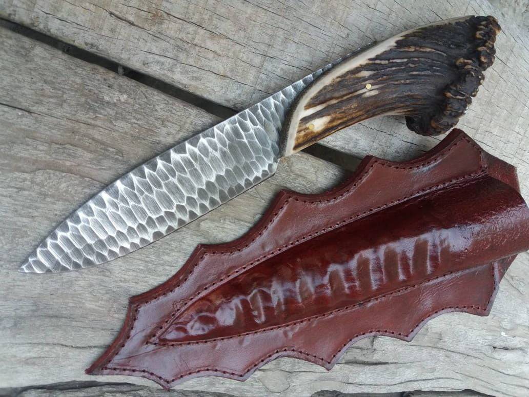 Custom made stag antler handle flint knapped hunting knife