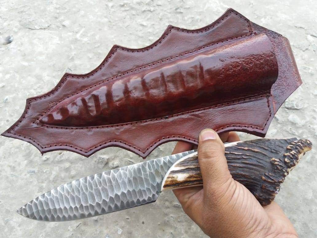 Custom made stag antler handle flint knapped hunting knife