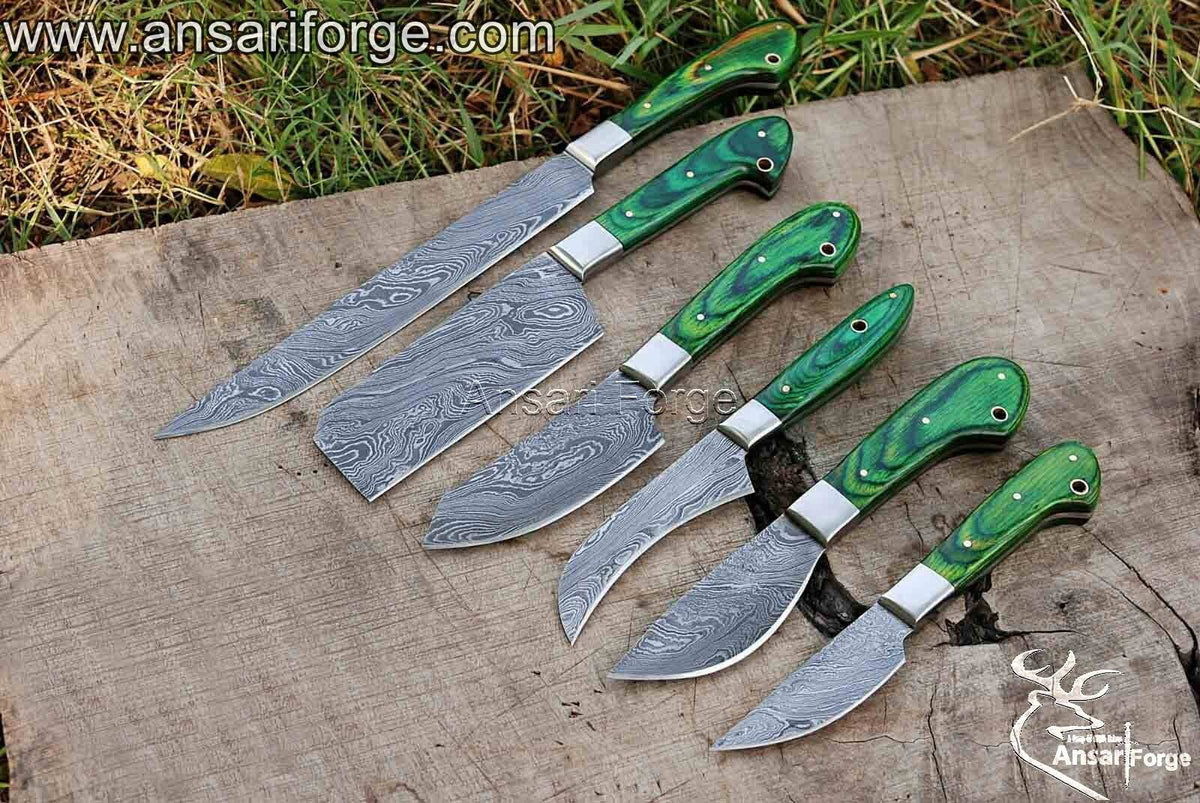 Best Damascus Kitchen Knife Set 6 Chef Knives With Roll bag And Pakka Wood Handles
