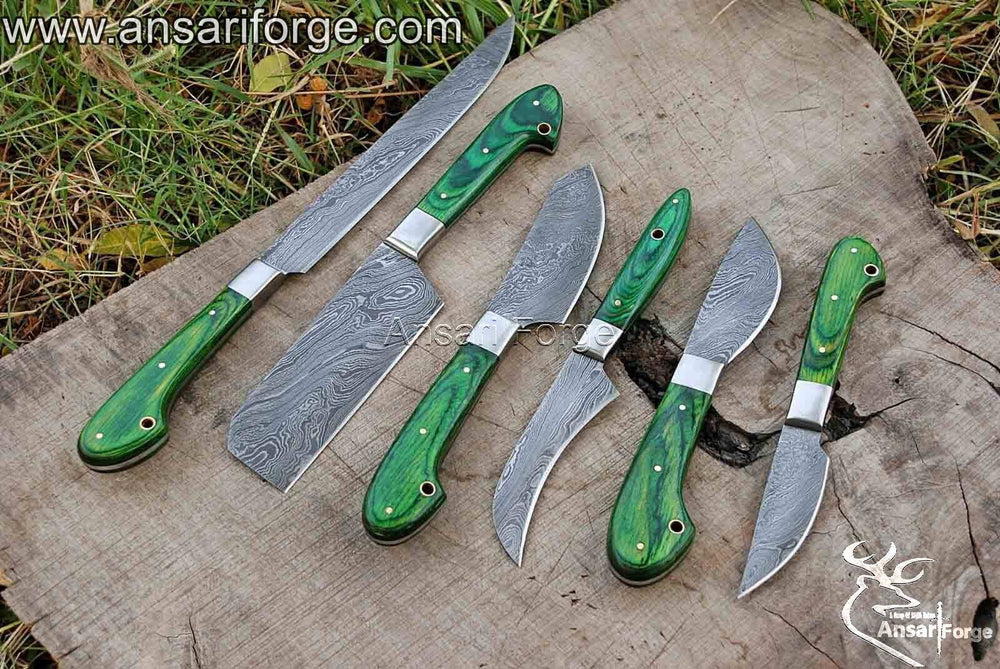 Best Damascus Kitchen Knife Set 6 Chef Knives With Roll bag And Pakka Wood Handles