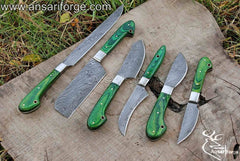 Best Damascus Kitchen Knife Set 6 Chef Knives With Roll bag And Pakka Wood Handles