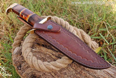 Custom made Damascus steel Bowie Knife With leather sheath on sale now.