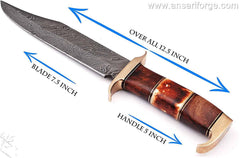 13-inch hand crafted Damascus steel Bowie Knife with 5-inch Blade.