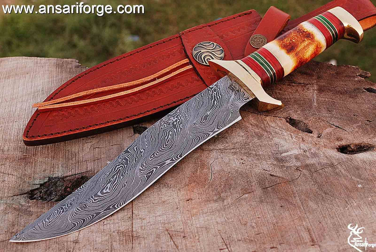Handmade Damascus Bowie Knife 13 inches hunting knife with leather sheath