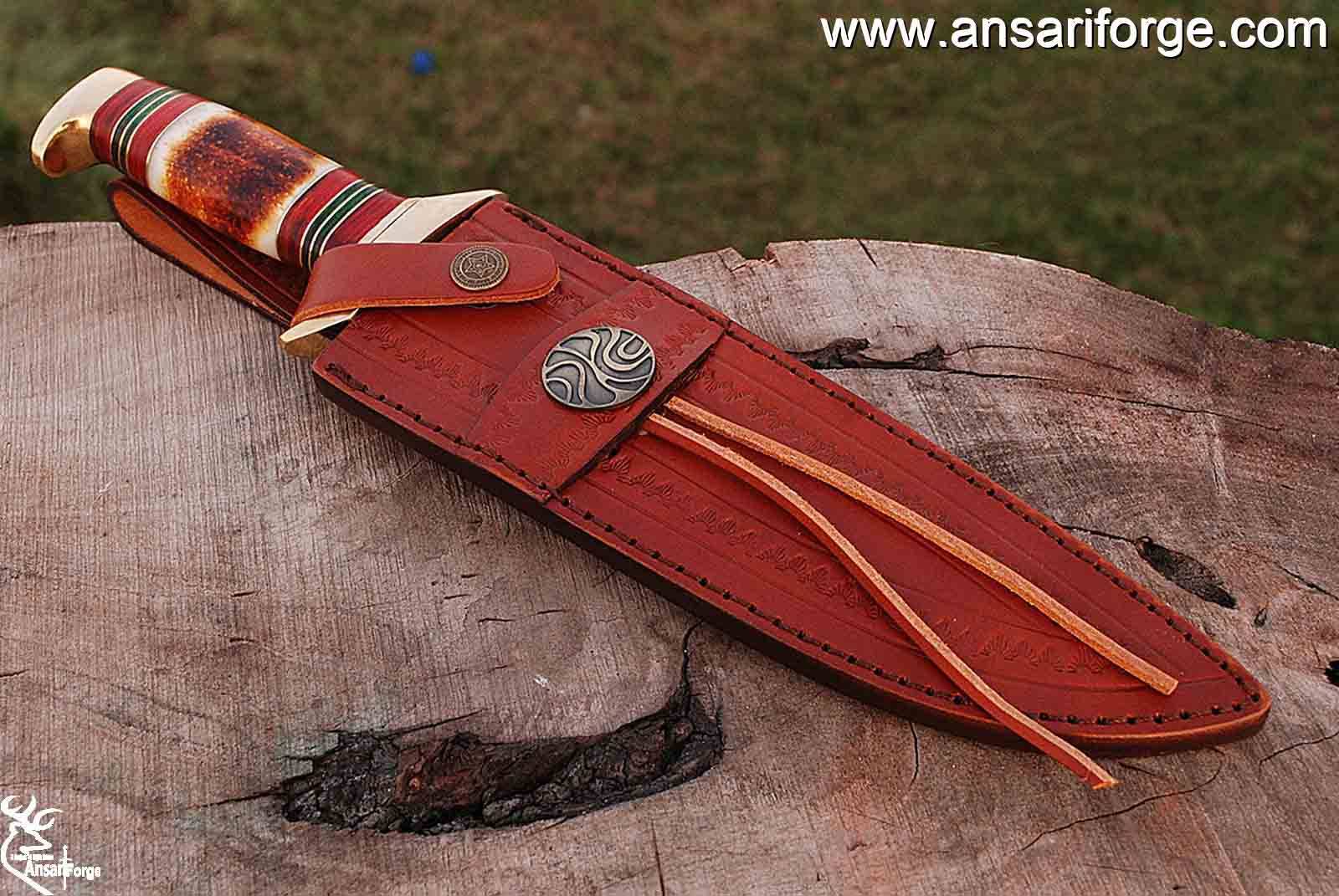 Handmade Damascus Bowie Knife 13 inches hunting knife with leather sheath