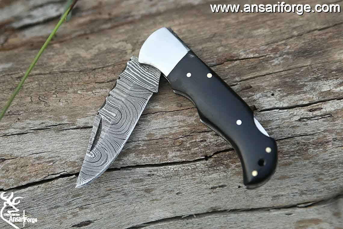 Custom Handmade Damascus Folding Knife EDC Horn Handle Pocket Knife With Sheath
