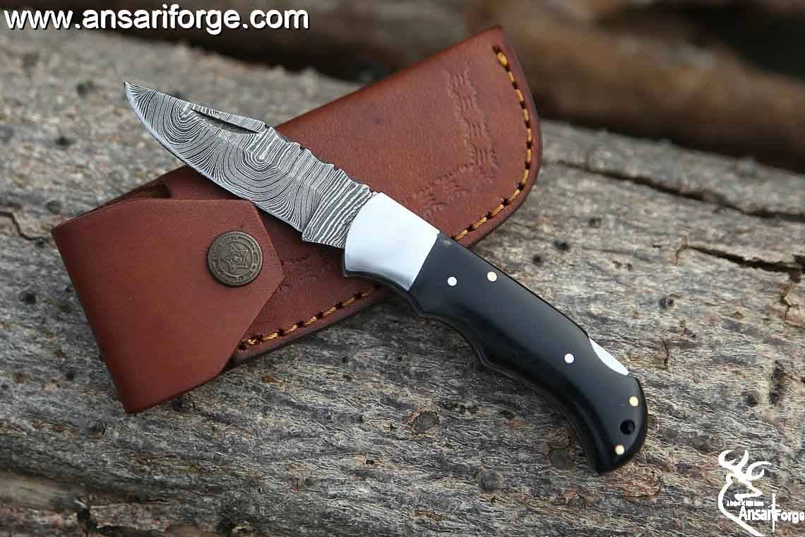 Custom Handmade Damascus Folding Knife Horn Handle Pocket Knife With Sheath