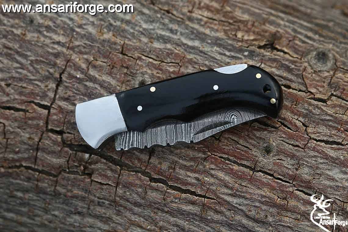 Custom Handmade Damascus Folding Knife EDC Horn Handle Pocket Knife With Sheath