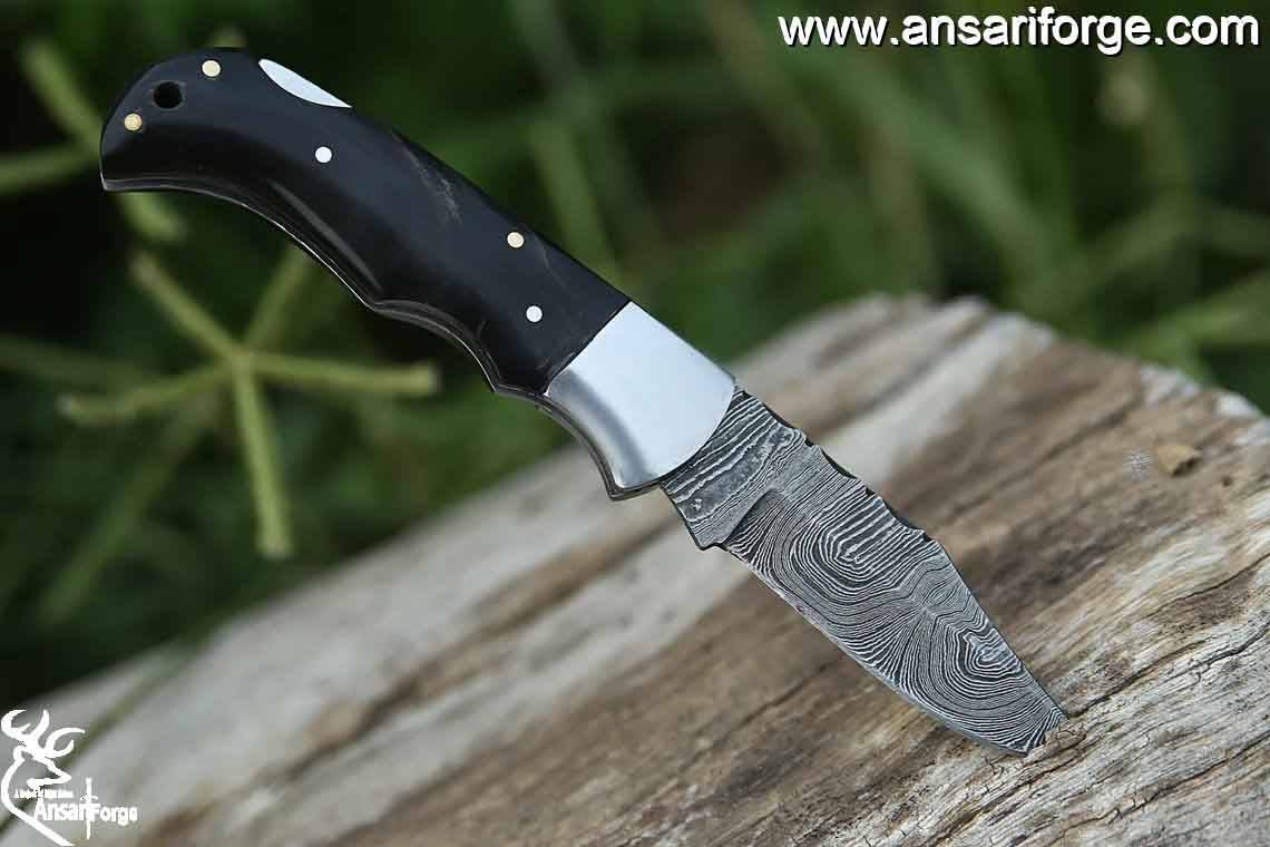 Custom Handmade Damascus Folding Knife EDC Horn Handle Pocket Knife With Sheath