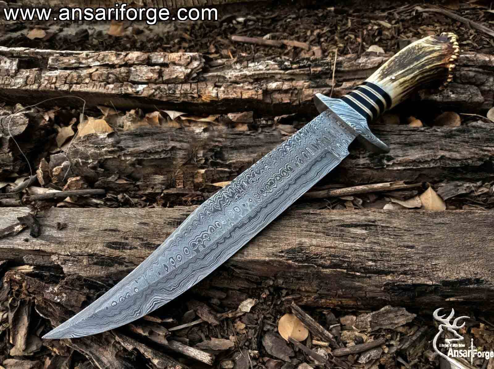 Damascus Steel Stag Horn Handle Bowie Knife With Leather sheath