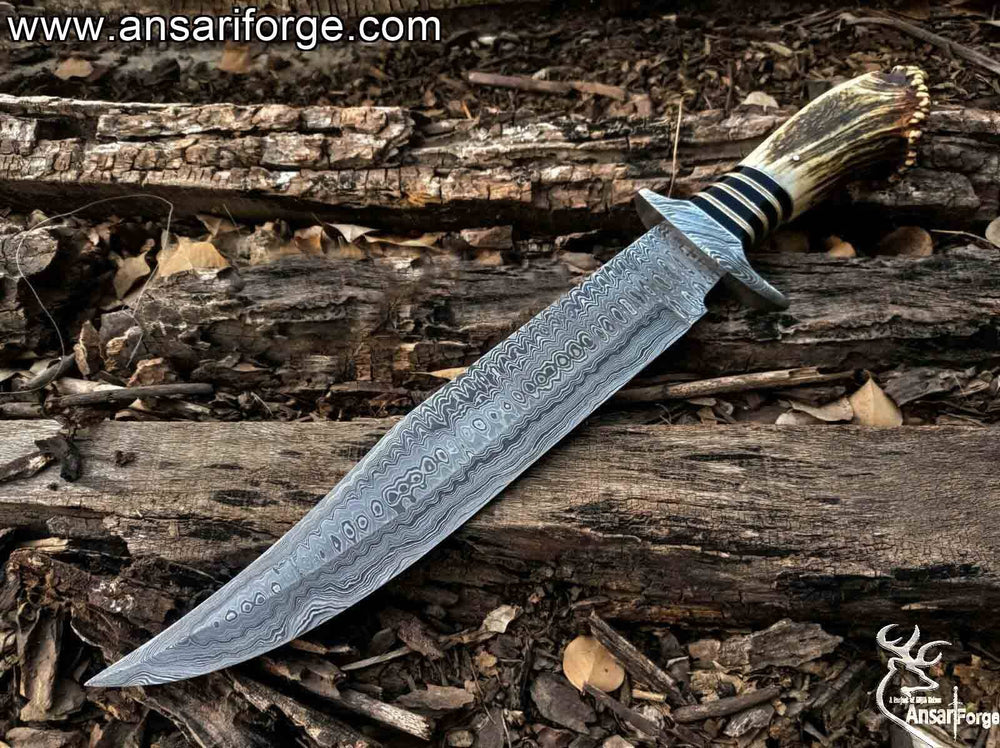 Damascus Steel Stag Horn Handle Bowie Knife With Leather sheath