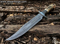 Damascus Steel Stag Horn Handle Bowie Knife With Leather sheath