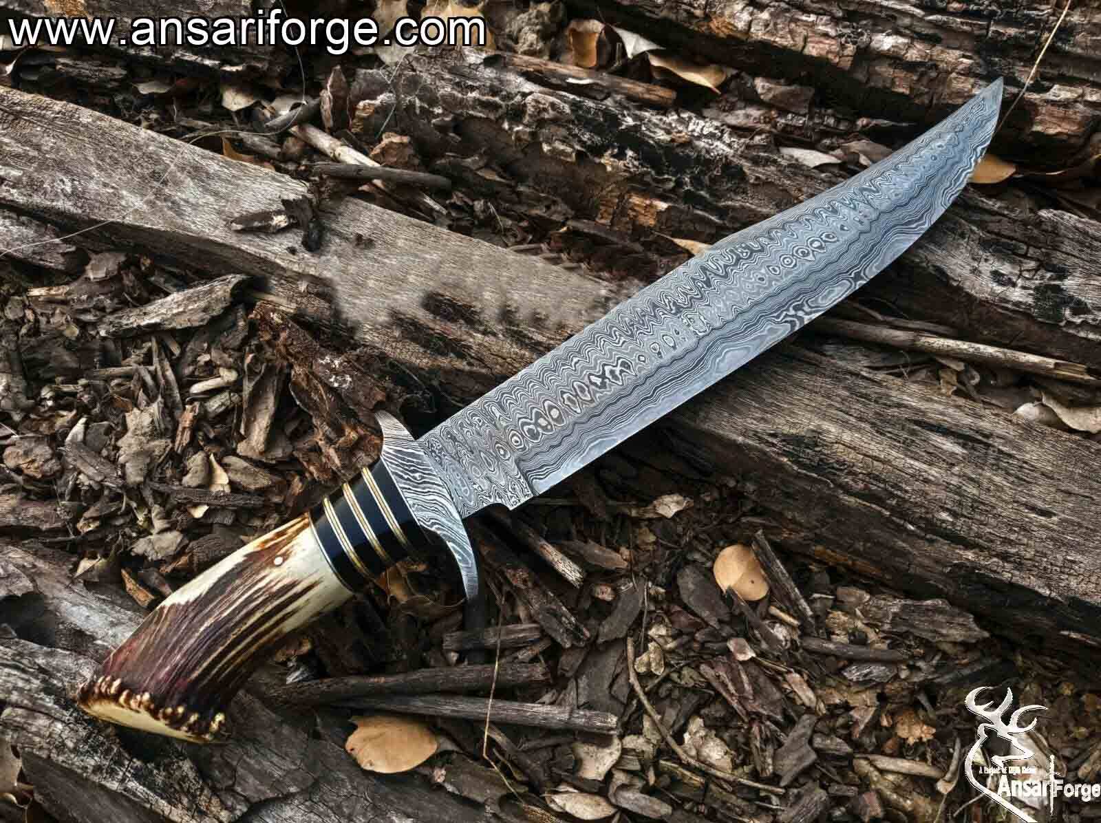 Damascus Steel Stag Horn Handle Bowie Knife With Leather sheath