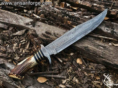 Damascus Steel Stag Horn Handle Bowie Knife With Leather sheath