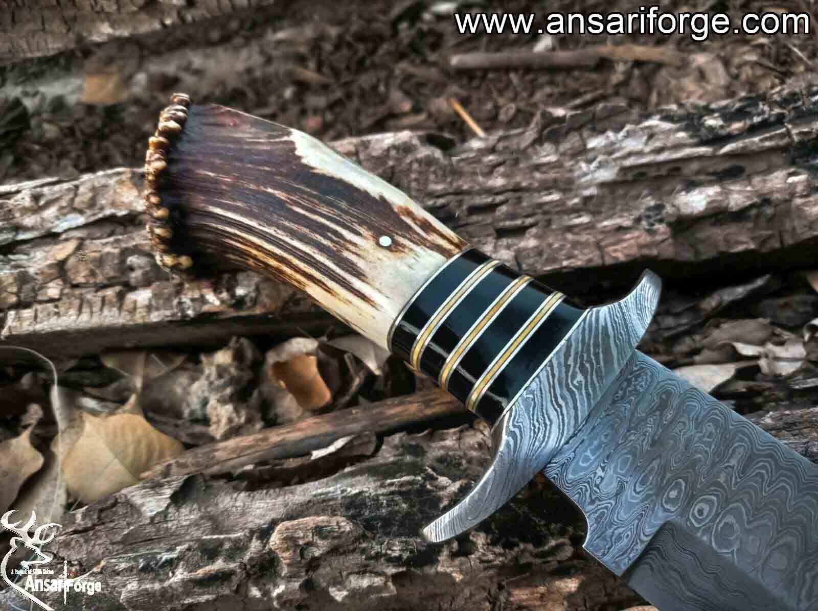 Damascus Steel Stag Horn Handle Bowie Knife With Leather sheath