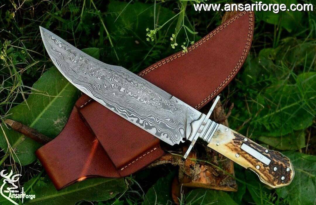 Jim Bowie Knife 14" Custom Damascus Steel Full Tang Stag Handled Bowie Knife With Leather Sheath