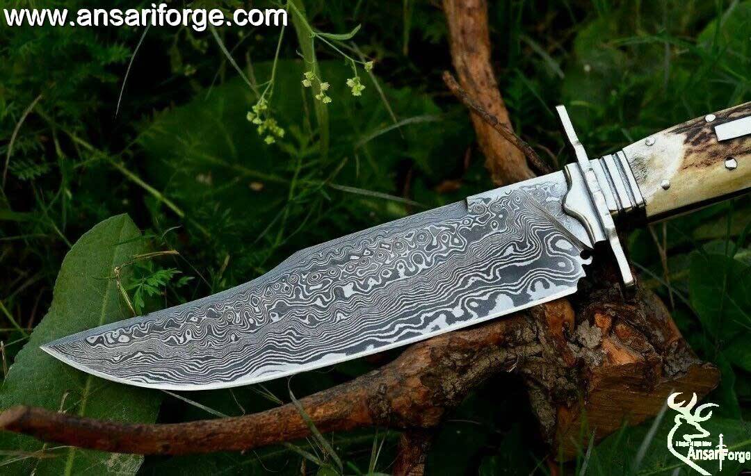 Jim Bowie Knife 14" Custom Damascus Steel Full Tang Stag Handled Bowie Knife With Leather Sheath