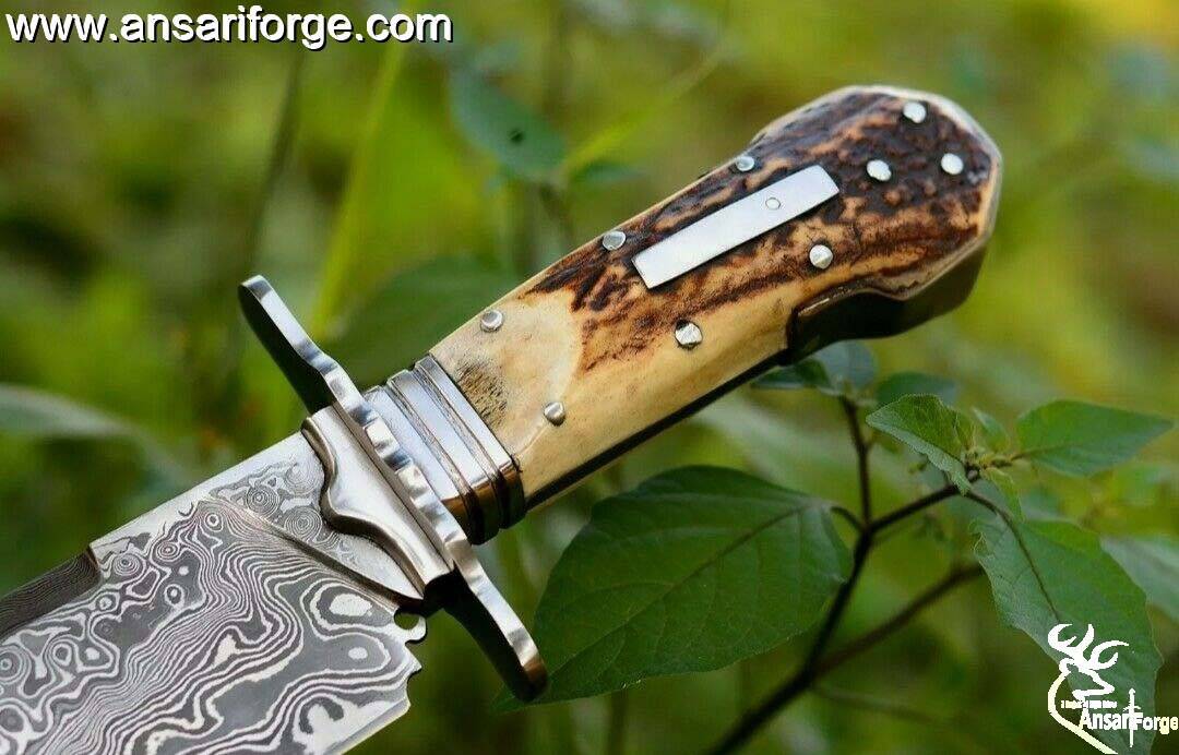 Jim Bowie Knife 14" Custom Damascus Steel Full Tang Stag Handled Bowie Knife With Leather Sheath