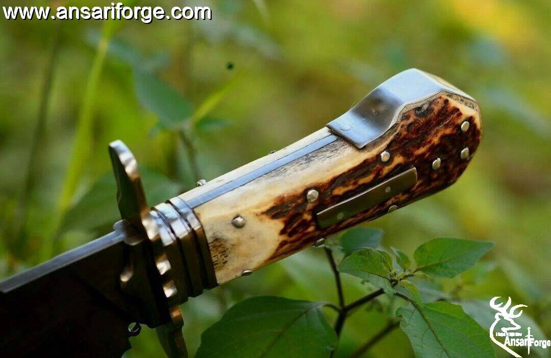 Jim Bowie Knife 14" Custom Damascus Steel Full Tang Stag Handled Bowie Knife With Leather Sheath