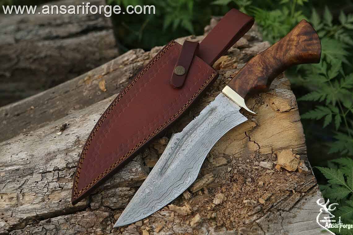 Damascus steel customized hunting knife with sheath Damascus steel 1095 & 15n20 hand forged twisted hidden tang blade with 58 - 60 HRC hardness . Rosewood handle and brass hilt  . Always comes with genuine cowhide leather sheath .