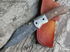 Damascus steel eagle engraved folding blade pocket knife