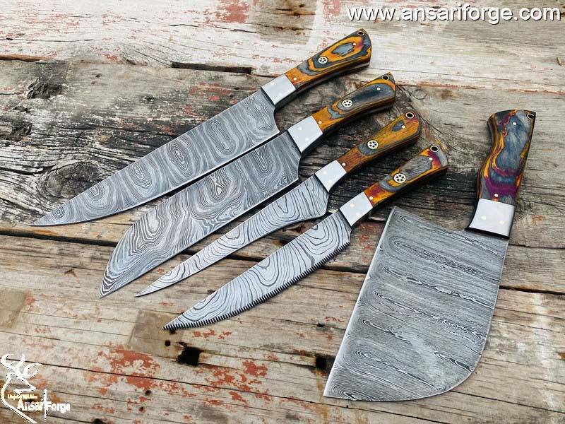Luxury Damascus Knife Set with Chef Knife, Cleaver & Slicer - Perfect for Home & Professional Kitchens.