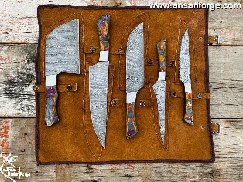 Genuine Cowhide Leather Knife Roll for Damascus 5-Piece Knife Set - Premium Storage Solution.