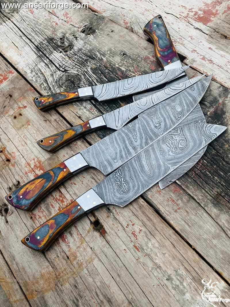 Ergonomic Pakka Wood Handle Knife - Full Tang Damascus Steel Kitchen Knife Set.