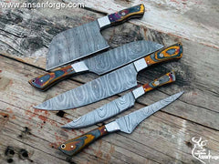 Damascus Kitchen Knife Set Professional 5 Piece, Handmade Damascus Steel Chef Set with Serbian Chopper/Cleaver And 5 Pocket Original Leather Roll Bag by Ansari Forge.