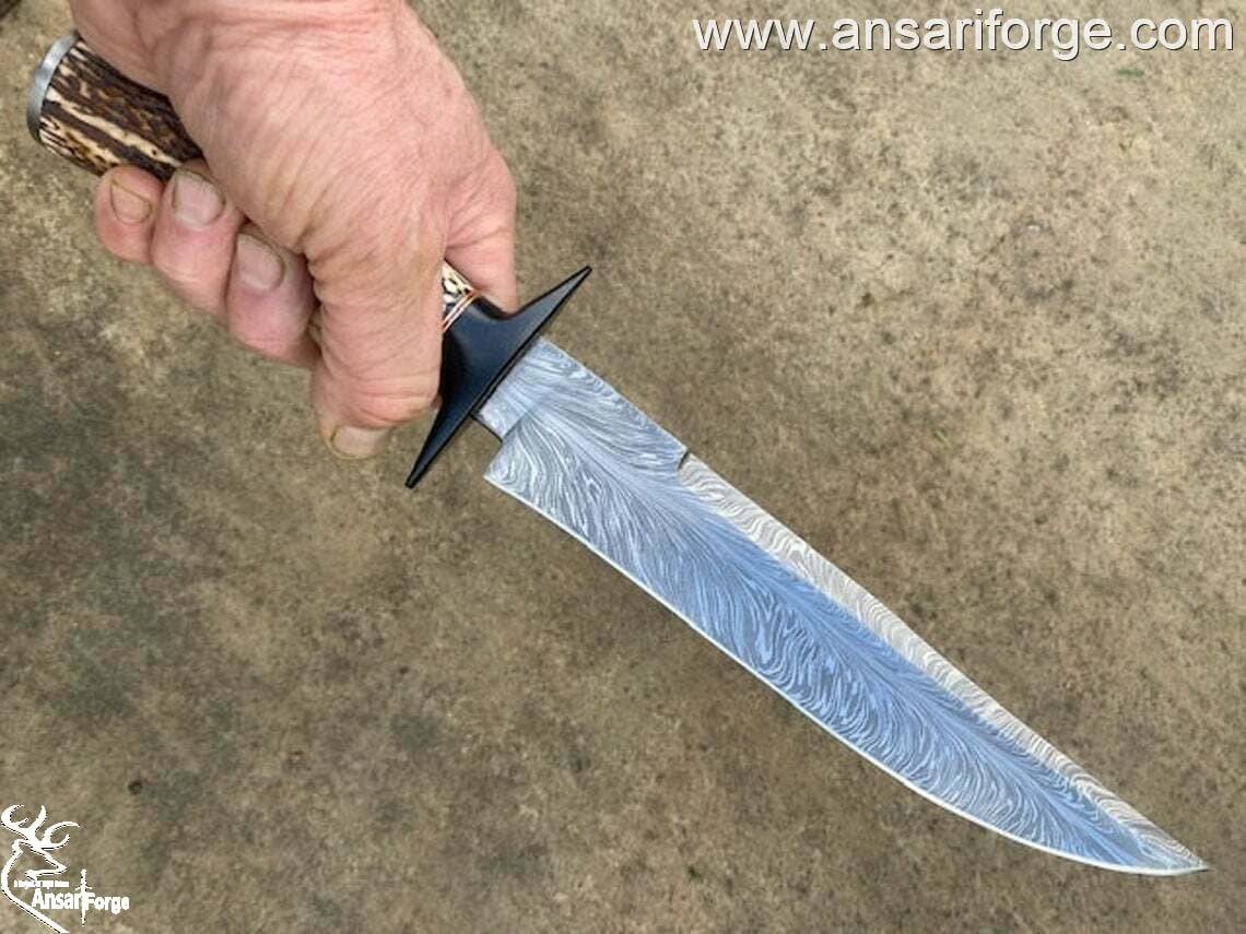 Custom handmade forged Damascus steel feather Bowie hunting knife with stag handle
