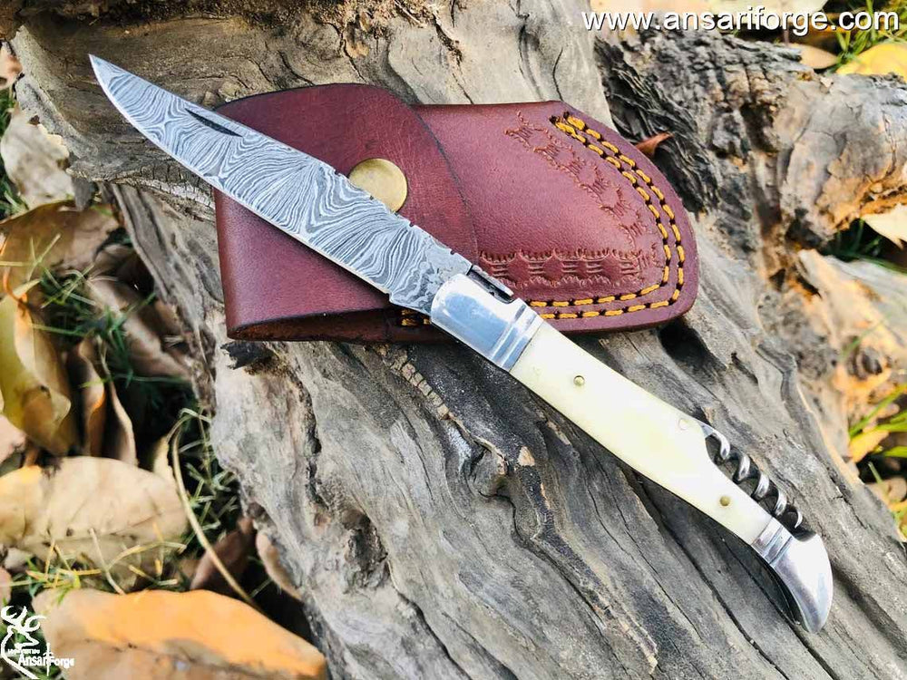 LAGUIOLE POCKET KNIFE WITH DAMASCUS BLADE BONE HANDLE AND STAINLESS STEEL BOLSTERS