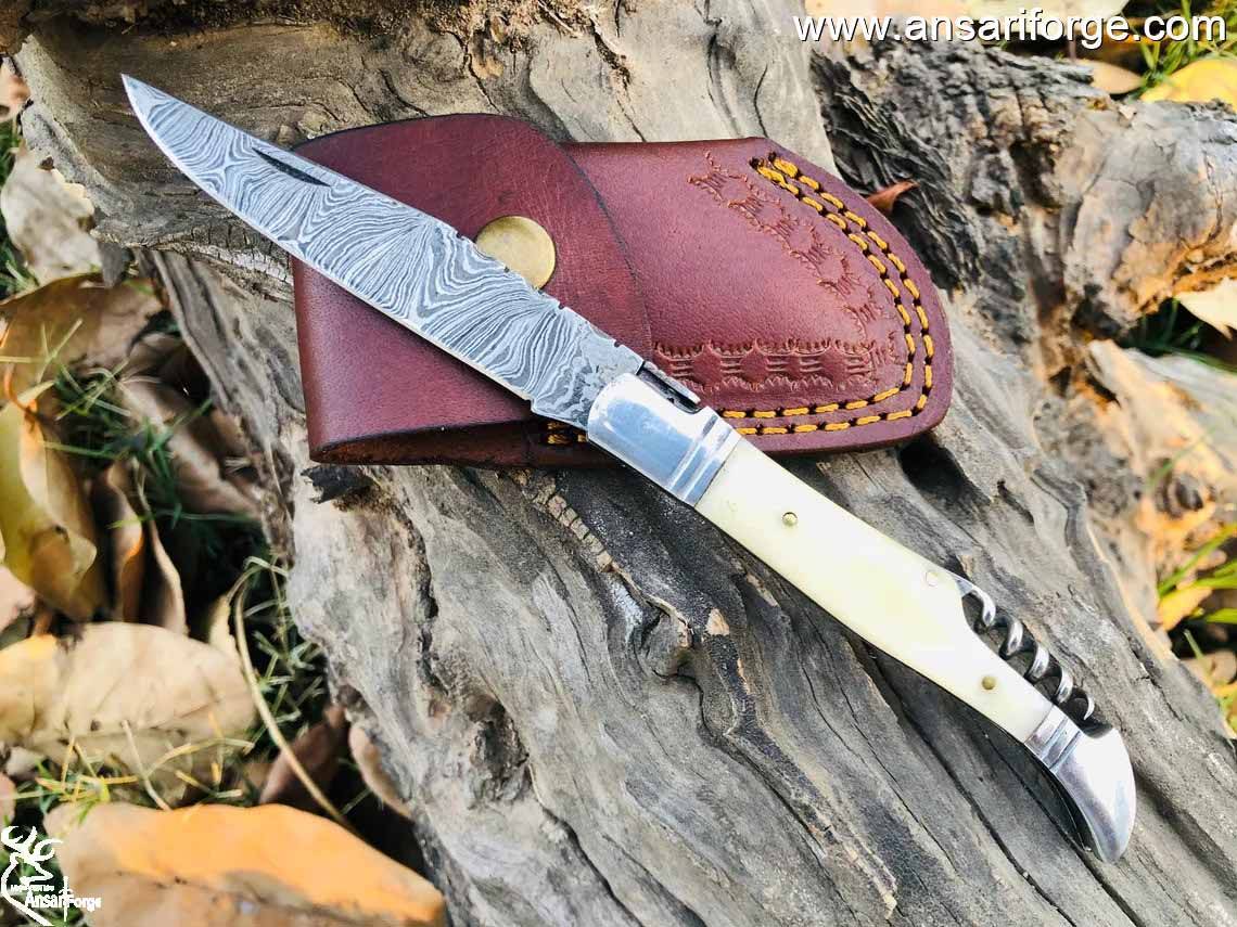 LAGUIOLE POCKET KNIFE WITH DAMASCUS BLADE BONE HANDLE AND STAINLESS STEEL BOLSTERS