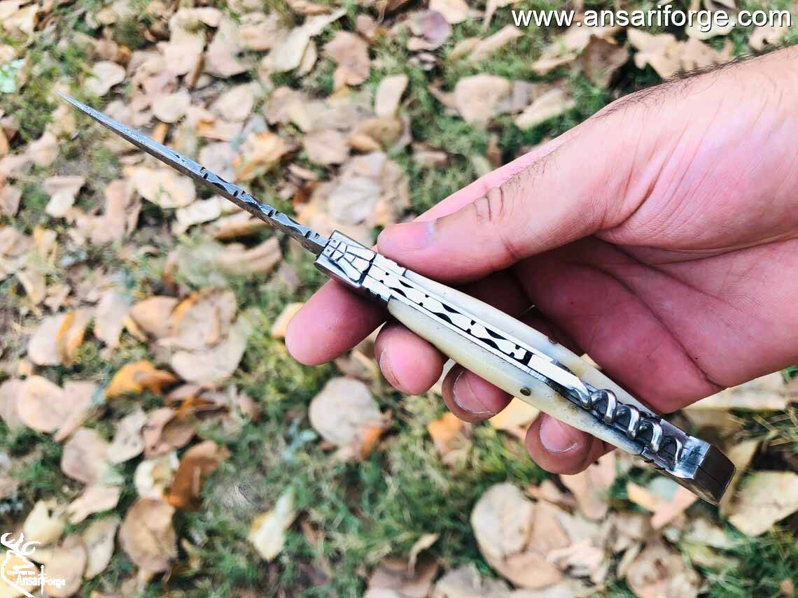 LAGUIOLE POCKET KNIFE WITH DAMASCUS BLADE BONE HANDLE AND STAINLESS STEEL BOLSTERS