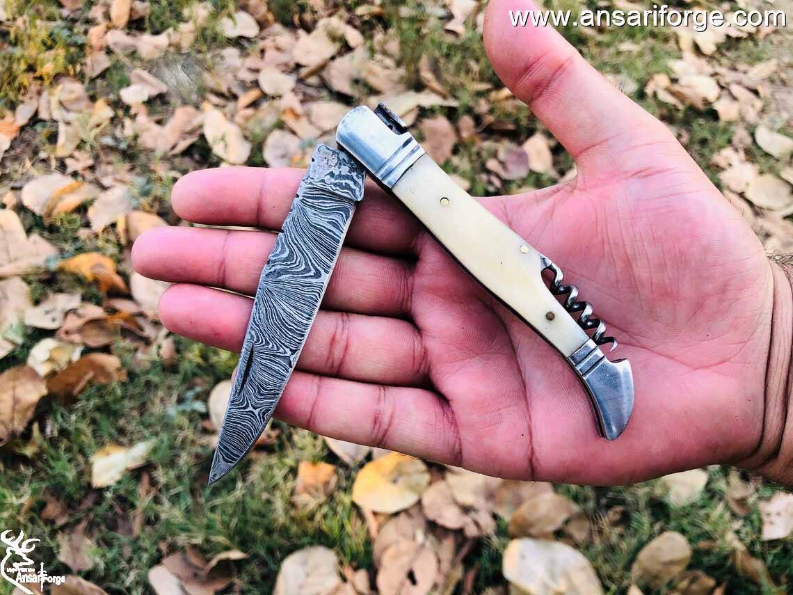 LAGUIOLE POCKET KNIFE WITH DAMASCUS BLADE BONE HANDLE AND STAINLESS STEEL BOLSTERS