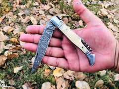 LAGUIOLE POCKET KNIFE WITH DAMASCUS BLADE BONE HANDLE AND STAINLESS STEEL BOLSTERS