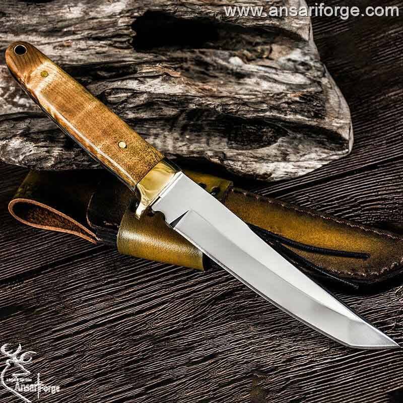 Custom handmade tool steel tanto hunter knife 420J2 forged tool steel full tang mirror polished tanto blade with 54 HRC hardness . 99.9% pure brass hilt and walnut wood handle . Always comes with genuine cowhide leather sheath 