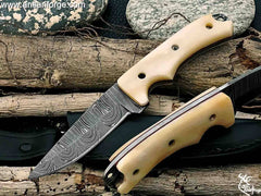 Custom Handmade Damascus Steel Hunting Knife Skinner knife Fixed Blade Knife 8 .5'' Overall Camel Bone with Sheath.