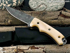 Damascus Skinner Knife With Leather Sheath.