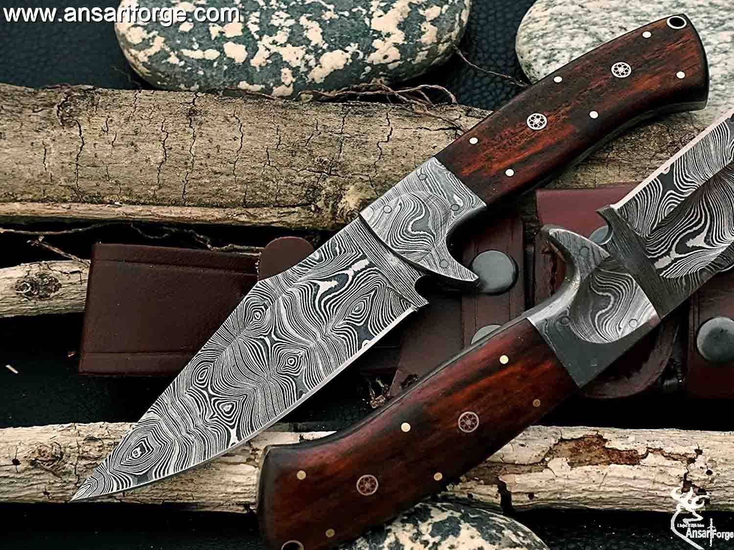 Handmade Damascus Fixed Blade Knife with Rosewood Handle - Survival, Tactical and Camping - Damascus Steel Knife - Damascus Hunting Knife with Right Hand Cross Draw Leather Sheath .