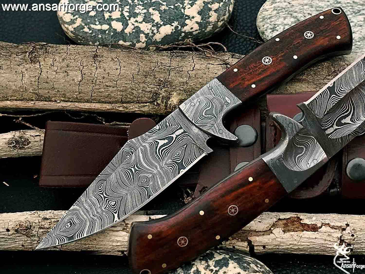 Handmade Damascus Fixed Blade Knife with Rosewood Handle - Survival, Tactical and Camping - Damascus Steel Knife - Damascus Hunting Knife with Right Hand Cross Draw Leather Sheath .