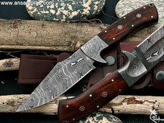 Handmade Damascus Fixed Blade Knife with Rosewood Handle - Survival, Tactical and Camping - Damascus Steel Knife - Damascus Hunting Knife with Right Hand Cross Draw Leather Sheath .