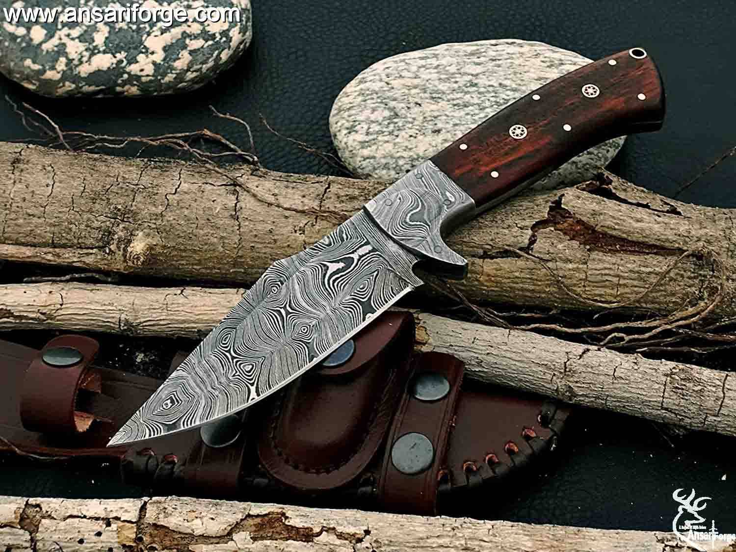 Handmade Damascus Fixed Blade Knife with Rosewood Handle - Survival, Tactical and Camping - Damascus Steel Knife - Damascus Hunting Knife with Right Hand Cross Draw Leather Sheath