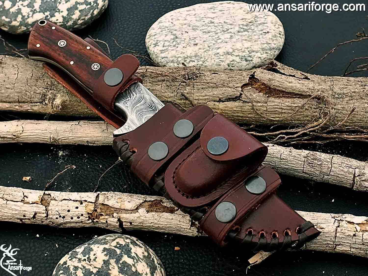 Handmade Damascus Fixed Blade Knife with Rosewood Handle - Survival, Tactical and Camping - Damascus Steel Knife - Damascus Hunting Knife with Right Hand Cross Draw Leather Sheath
