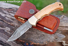 Damascus steel pocket knife handmade lock back folding knife Leather cover sheath .