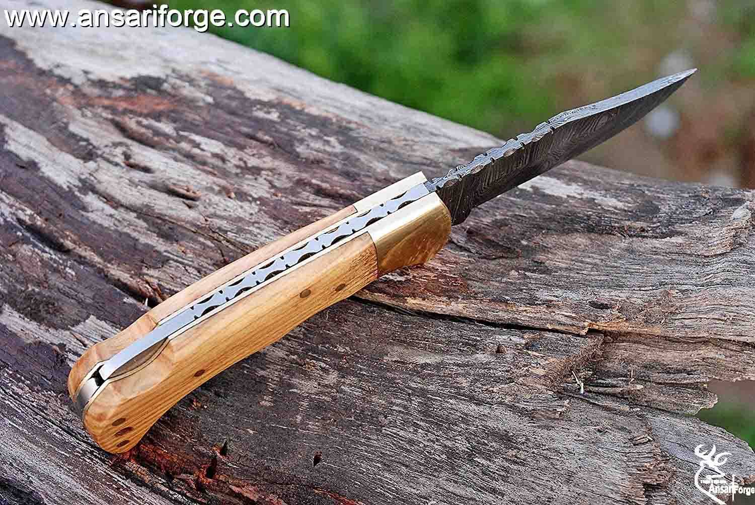 Damascus steel pocket knife handmade lock back folding knife Leather cover sheath